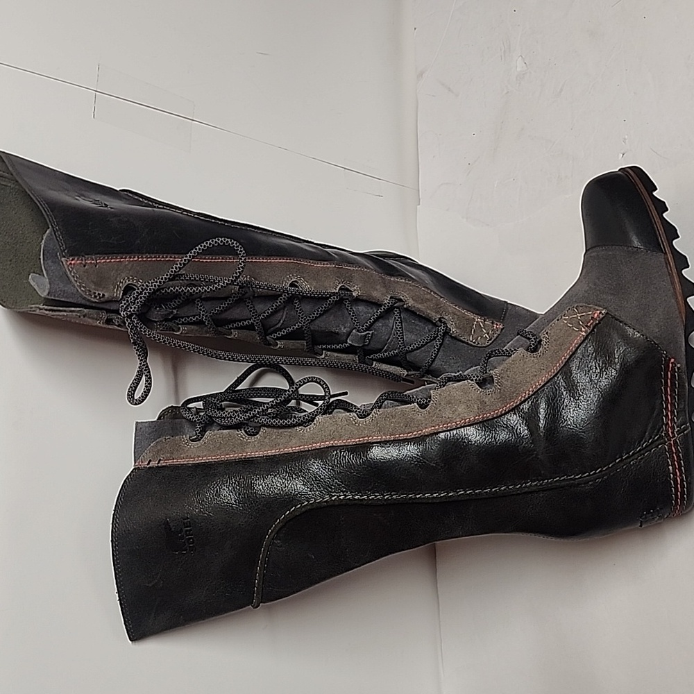 Sorel Cate The Great Sz8.5  Black Gray Olive Lace-up Tall 3.5 Hidden Wedge Boots - Picture 3 of 12